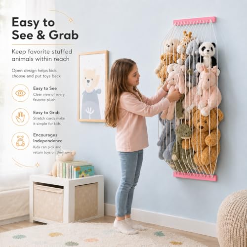 Stuffed Animal Storage Wooden Soft Toy Storage for Kids Room，Wall Mount Door Hanging Stuffed Animal Toy Organizer Shelf for Nursery Play Room Pink -Patent - color: Pink Board+white Rope