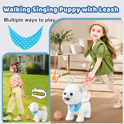 Ylpaprm Samoyed Walking Dog Barking Toy Dog for Kid Girl Dog ToyToddler Interactive DogThat Walk Licking Doggy Puppy with Leash, Electric Talking Singing Tail Wag Plush Pretend Dress Up Birthday Gift - color: 1.samoyed Dog