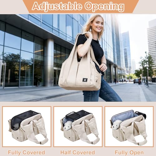 Small Dog Purse Carrier for Puppy Cats Yorkie Chihuahua,Up to 15lbs | Soft-Sided Pet Tote Bag with 4 Large Pockets, Lightweight, Foldable, for Travel Outings Vet (15.4"L×7.9"W×11.8"H, Beige) - color: Beige