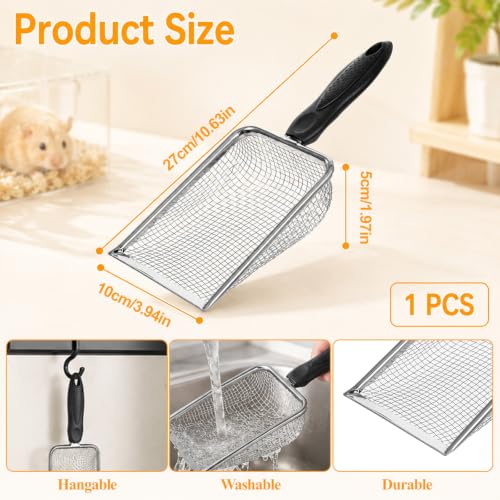 Stainless Steel Reptile Sand Scoop, Fine Mesh Sifter Scooper Sand Substrate Shovel Metal Litter Cleaner for Hamster Sands Bath Reptile Terrarium Cat Litter Box Small Animal Substrate, Non-Slip Handle