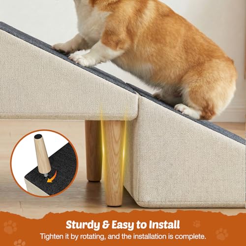 Foldable 15 Inch Dog Ramp, Ramply Split Ottoman with Detachable Washable Treads, 2-in-1 Folding Pet Ramps Stairs for Couch and Bed, Sturdy Ramp for Cats and Small to Medium Dogs - color: Khaki