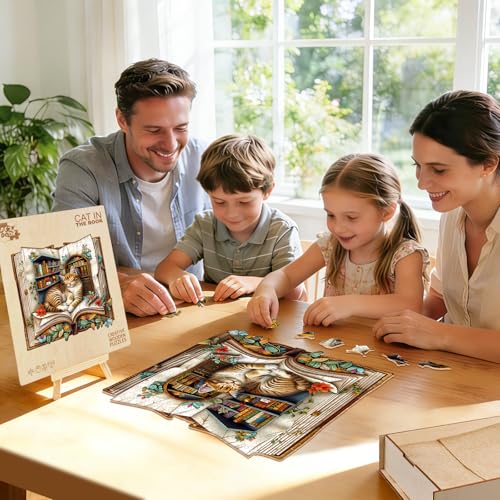 Animal 200 Pieces Wooden Puzzles for Adults - Cat in The Book | Unique Shapes Wooden Jigsaw Puzzles, Birthday Decor Gifts for Wood Puzzle Lovers, Family (10.6 * 10.4in) - color: Cat in the Book, size: Medium