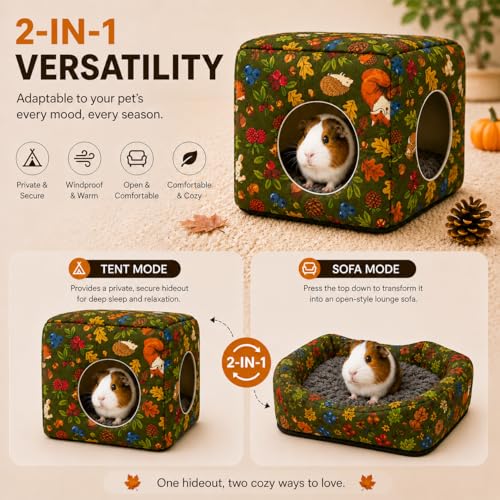Guinea Pig Hideout House with Removable Cushion, Washable Small Animal Cube Bed, Cozy Bunny Hideaway for Guinea Pigs, Chinchillas, Hedgehogs, Hamsters & Dwarf Rabbits - color: Green Forest