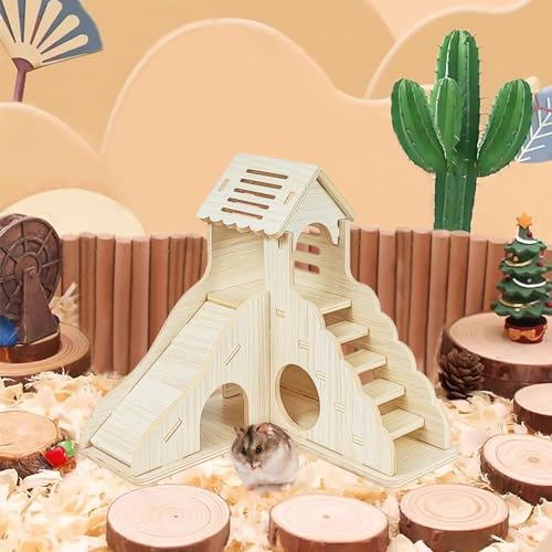 Wood Hamster Hideout House Habitat Wooden Maze Hide Hut with Climbing Ladder and Platform Cage Accessories Toys for Dwarf Gerbils Mouse Mice Rat Other Small Animals etc. (01 Right Angle House)