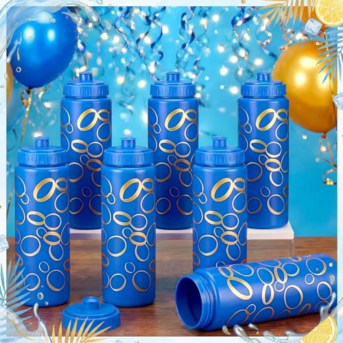 12 Pack Blue with Gold Ring Themed Party Favors 20 oz Reusable Plastic Water Bottles with Pull-top Lids, Cartoon Theme Water Bottles for Birthday Baby Shower Game Party decorations - style: Gold Rings