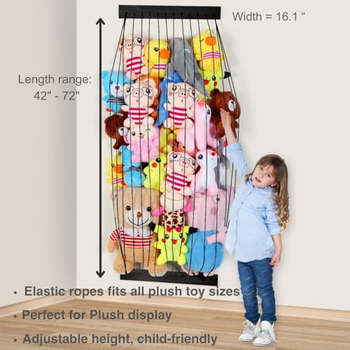 Stuffed Animal Storage Wooden Soft Toy Storage for Kids Room，Wall Mount Door Hanging Stuffed Animal Toy Organizer Shelf for Nursery Play Room Black -Patent - color: Black Board+Black Rope