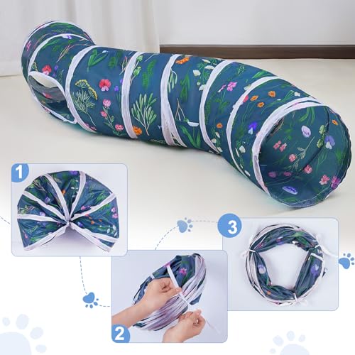 Glittme S-Shape Cat Tunnel, Foldable Cat Tunnels for Indoor Cats | Interactive Bunny Tunnel And Cat Tubes With Crinkle Sounds. Ideal For Kittens, Ferrets And Small Pets To Hide, Play Or Rest - color: Green flower branches