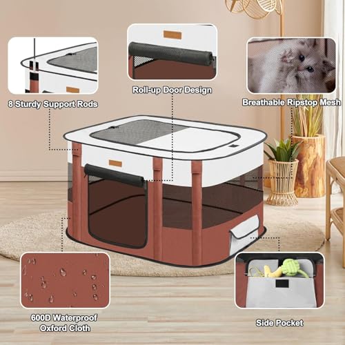 Dog Playpen - Foldable Cat Play Pens for Pubby,Kitten, Rabbit,Portable Pet Tent with Carring Bag for Indoor/Outdoor Travel Camping (Brown-Large) - color: Brown, style: Large