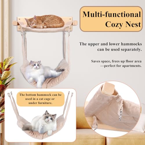 JSPYFITS Wooden Cat Furniture Wall Mounted, Double Layer Hammock, Large Size 18.9″ Removable Multi-Function Cat Bed for Sleep/Play/Climb, Kitten Window Perch, Easy DIY Installation(Beige) - color: Beige