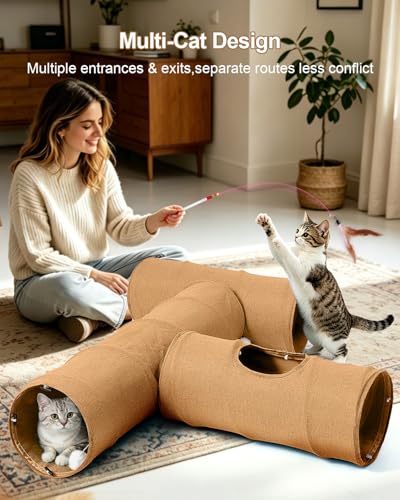 Cat Tunnel, 3 Straight Shaped Tunnels 6 DIY Shapes with Wand Toys, No Noise Scratch Resistant Cool Linen Fabric, Interactive Pet Tunnel Tube for Indoor Cats, Puppy and Rabbits - color: Brown