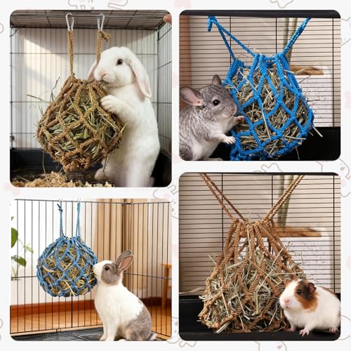 2Pcs Rabbit Hay Feeder Mesh Bags 13.5x11 Inch High-Capacity Hanging Bunny Hay Feeder for Guinea Pig Hamster Chinchilla Gerbils Small Pets and Animals Cage Accessories Supplies - color: Blue&Cofee
