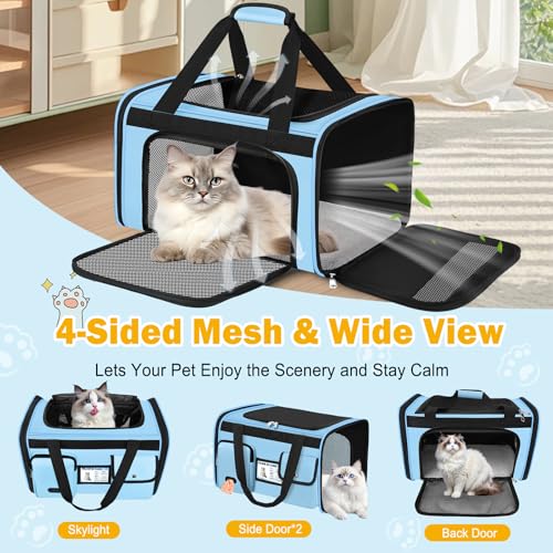 HUANLANG Large Cat Carrier Travel Soft Sided Pet Carrier Airline Approved | Dog Carriers for Small Dogs Medium Cats,Collapsible,3 Storage,zipper lock,Reflective strips,Luggage Strap, Up to 15 Lbs - color: Light Blue