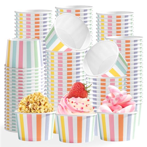 120 Pcs Striped Ice Cream Cups 12 oz Disposable Colorful Rainbow Stripe Paper Dessert Snack Bowl Pastel Food Yogurt Cup Container for Carnival Birthday Baby Shower Summer Party Supplies - style: Colorful Stripe Dessert Cup