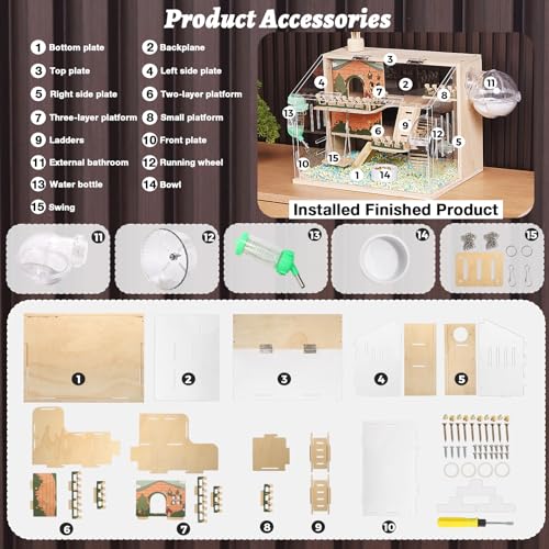 11 in 1 Wooden Hamster Cage with All Accessories, 15.8 Inch 3-Layer Dwarf Hamster Cage Acrylic,Small Animal Cages, Pastoral Style Mouse Cage for Pet Mice, Hedgehog, with Stairs, Fences and Swing - size: 15.8"L x 11.5"W x 11.8"H