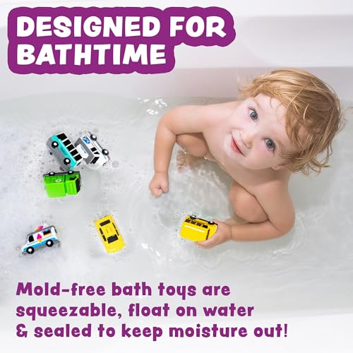 Tub Works® Vehicles™ Bath Cars Mold Free Bath Toys, 6 Pack | Sealed, No Hole Bath Toys Design Keeps Moisture Out | Soft, Squeezable & Float on Water | Fun Baby & Toddler Bath Toys | City Car Bath Toys - style: City Cars - 6pk