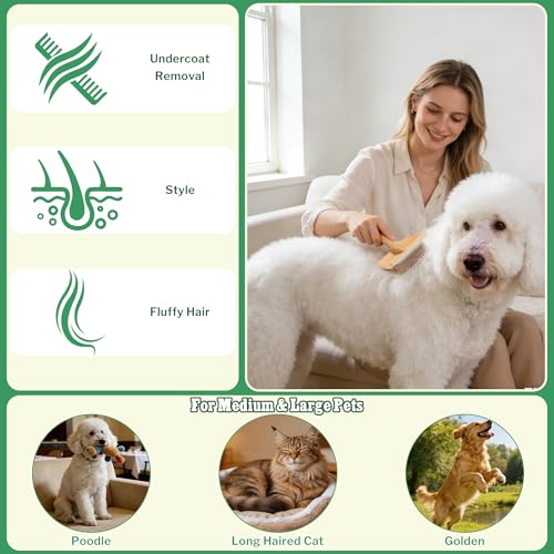 Slicker Brush for Long-Haired Dogs & Cats, Professional Dog Grooming Brush for (Goldendoodles, Poodles, Labradoodles), Large Pets Pin Tips Brushes with Natural Beech Wood Ergonomic Handle