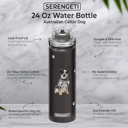 SERENGETI 24 Oz Water Bottle Stainless Steel with Spill Proof Lid - Double walled Vacuum Insulated water flask - Realistic 3D Print of your favorite dog (Australian Cattle Dog) - color: Australian Cattle Dog