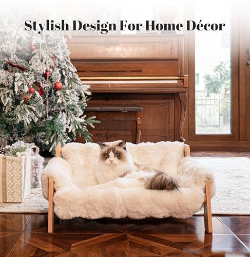 Elevated Cat Couch Bed Wooden Raised Kitty Sofa Lounge Chair | Washable Fluffy Cover Wooden Elevated Pet Furniture for Indoor Cats and Puppy(White) - color: Cat Sofa-White