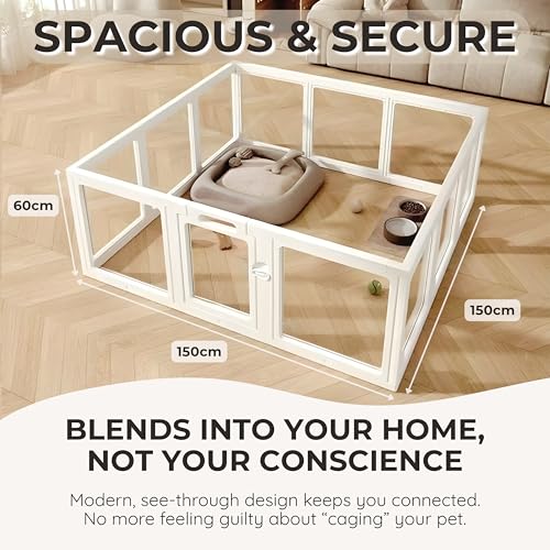 Clear Acrylic Dog Playpen – Escape-Proof Pet Pen, Whelping, Rabbit Hutch, Hamster Cage & Dog Pen – Washable, Tool-Free Assembly, Secure Door – Indoor Puppy Enclosure - Fuskee (White, 59 x 59, 12) - size: 59 x 59