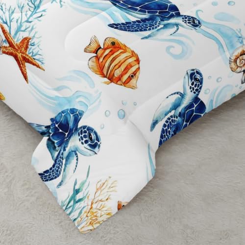 AILONEN Ocean Turtle Seashell Queen Comforter Set, Coastal Animal Bedding Pack with 2 Pillowcases, Master Bedroom - color: Sea10, size: Queen