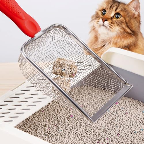 Cat Litter Scoop,Sturdy Litter Cleaner Corner Shovel,Stainless Steel Mesh Litter Shovel,Easy to Clean Reptile Terrarium Sand Waste,Beach Shovel(Red) - color: Red