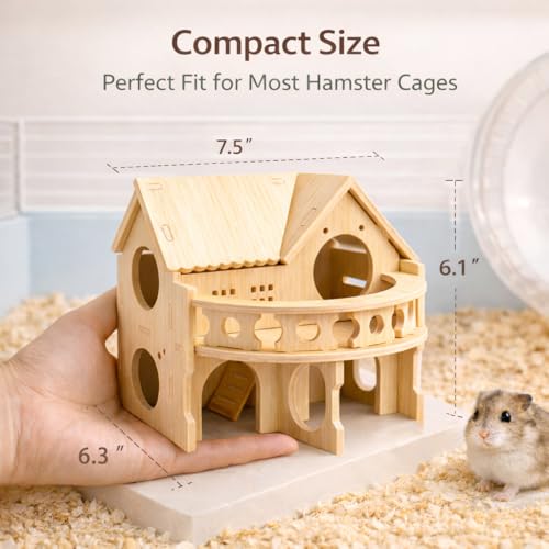 Improved Safety Large Balcony Small & Cute Wooden Hamster House with Large Balcony – Double-Decker Forest-Style Hut for Dwarf Hamsters, Mice, Gerbils, Rats & Small Pets (Compact Size Only)