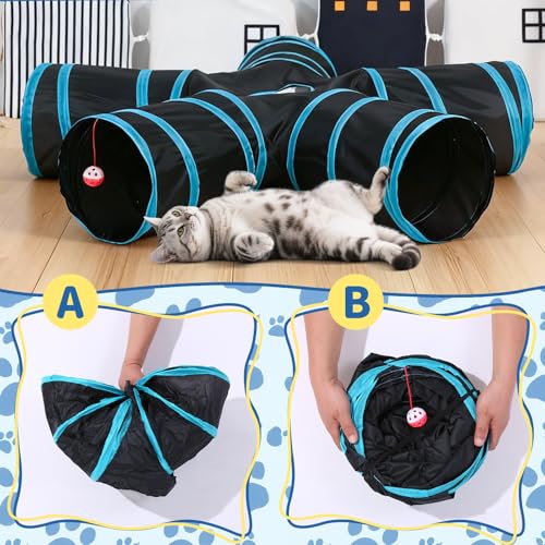 Pet Cat Tunnel, 5 Way Tunnels for Indoor Cats, Collapsible Pet Tunnel for Kitten, Puppy, Rabbit, 25cm-Wide Tunnels, Durable & Breathable, with Peek Hole Toy Ball - color: 5-way & Black/Blue