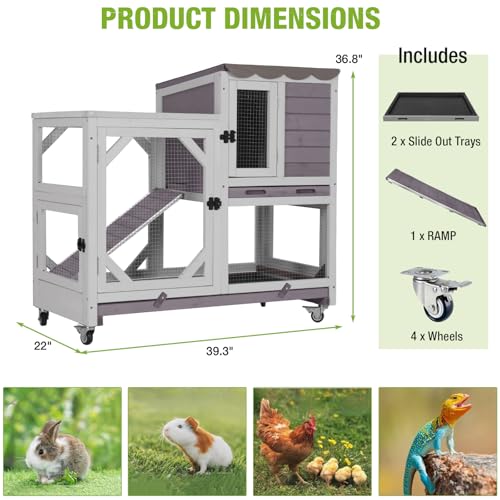 GUTINNEEN 2-Story Rabbit Hutch Indoor Bunny Cage Outdoor Guinea Pig House Wooden Small Animal Cage with Chew-Proof Ramp, Leak-Proof Tray, Lockable Wheels for 2-4 Rabbits, Guinea Pigs (Grey) - size: 39.3"L x 22.0"W x 36.8"H