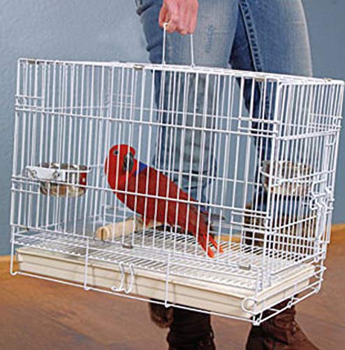 Large Portable Durable Metal Travel or Veterinary Easy Collapsable Parrot Bird Carrier Bite-Proof Carrier Cage Easy Clean Pull Out Tray Stainless Steel Feeder Bowls Natural Wooden Perch - color: White