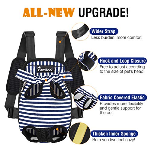 Pawaboo Pet Front Carrier Backpack for Small Medium Dogs | Legs Out Easy-fit,Adjustable Straps,Hands-Free,Soft Padded Support for Travel Hiking Cycling Camping,Blue Stripes,M - color: Blue & White Stripes, style: Medium (Pack of 1)