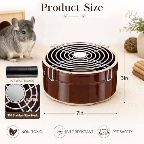 Maxcheck Ceramic Chinchilla Corner Litter Box Set for Small Pets, Chew Resistant Trainer Tip-Proof 7" Round Litter Pan with Stainless Steel Grid Plastic Bags for Hamster, Hedgehog, Gerbil, Ferret