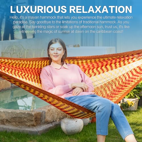 Handwoven Rope Mayan Hammock for Outside, 600 lbs Capacity | 2 Person, Portable Carrying Bag, Easy-Used Tree Straps, Carabiners, Soft Fabric, Patio (Sunset, X-Large) - color: Sunset, size: X-Large