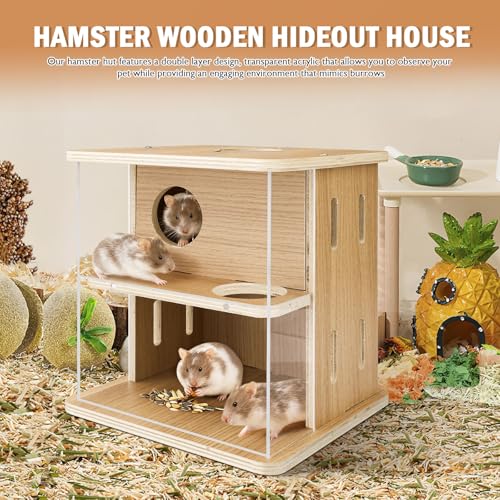 Double-Decker Hamster Hides with Acrylic Viewing Panels, Wooden Hamster Hideout for Syrian Hamsters Gerbils, Detachable Mouse House (Natural Color)