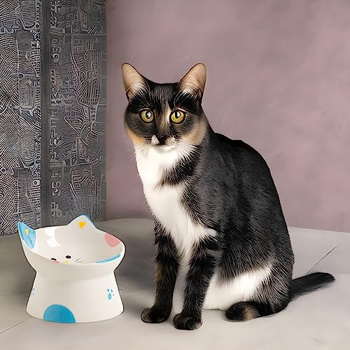 Cute Ceramic Raised Cat Bowls Elevated Design, 15° Tilted FeederProtect Cat's Spine Anti Vomiting Blow for Flat Faced Cats, Kitten Small Dogs,Raise Tilted Cat Food Bowld Pet Dishes(Blue) - color: Blue