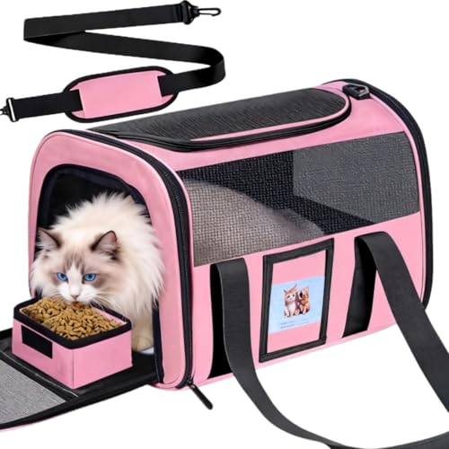 Cat Carrier Soft with Detachable Food Bowl,Soft-Sided Pet Bag(Up to 16 lbs) | Puppy Crate with Lockable Zippers,Airline Travel for Small Dog,Kitten,Animal,Breathable Mesh Kennel,Carrying Case,Pink - color: Pink, size: 17.0"L x 12.0"W x 11.0"H