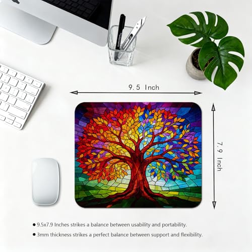 Abstract Tree of Life Mouse Pad, Rainbow Stained Glass Mosaic Art Desk Mat | 9.5"x 7.9", Vibrant Fantasy Design Colorful Artwork, Cute Smooth & Anti-Slip Mousepad - color: Colorful Design Wknoon-Art 01