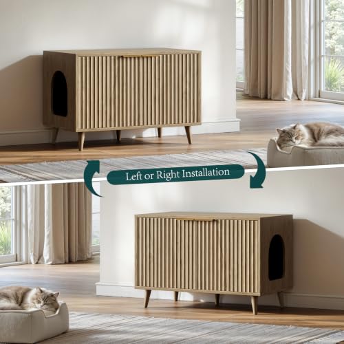 Evermagin 31.5" Cat Litter Box Enclosure Furniture with Legs | Oak Hidden Litter Box Cabinet, Modern Indoor Cat House, Fluted Kitty End Table for Living Room, Bedroom, Entryway - color: NA Oak