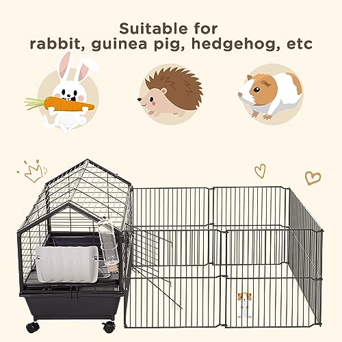 PawHut Small Animal Cage with Foldable Run Area, Rolling Bunny Cage, Guinea Pig Cage, Hedgehog Cage with Water Bottle, Water Bowl, and Ramps, 35" L | Guinea Pig Hutch, Hedgehog Cage, Water Bottle, Water Bowl, Ramps - size: 50.5"L x 34.8"W x 22.0"H