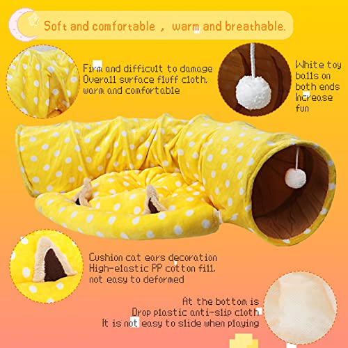 BWOGUE Bunny Tunnel Bed, 2-in-1 Collapsible Rabbit Tunnel Hideout with Mat | Removable Mat for Washing, 46.8 in Length, Ball Toy for Play, Soft Suede Fabric, Cats Rabbits Guinea Pigs - color: Yellow