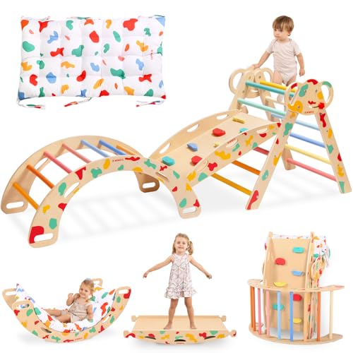 Pikler Triangle Set, Montessori 8-in-1 Climbing Set with Cushion | Wood Jungle Gym for 18M-5Y, Foldable, Reversible Animal Slide, Patent-Protected, 2.35in Gap, ASTM F963, Rainbow - color: Rainbow