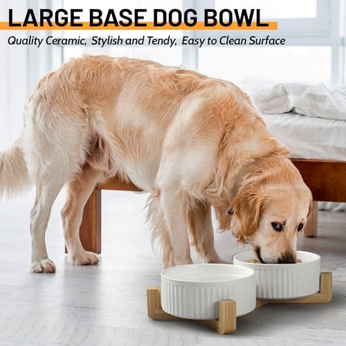 Non-Slip Ceramic Dog Bowls with Wooden Stand,8" Dog Food and Water Bowl Set with Silicone Base, 64 OZ/8 Cups Weighted Flip-Proof Pet Feeding Bowl for Small Dogs and Cats (Large,White) - color: Wood Stand, size: 8 Cups