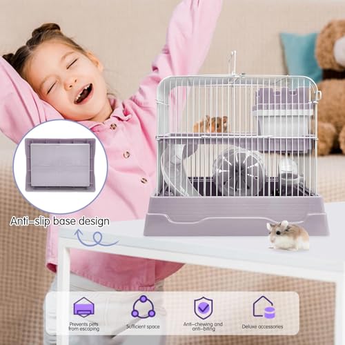 PINVNBY 2-Tier Dwarf Hamster Cage, Hamsters Travel Cage Portable Mouse Cages with Running Exercise Wheels, Water Bottle and Food Dish for Hamster Mouse Rat (Gray) - color: Gray, size: M: 11.7x8.7x9.8in