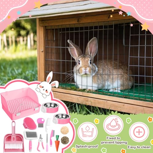 Reallnaive 15 Pcs Rabbit Starter Kit Small Rabbit Litter Box Girls Gift Animal Grooming Kit Bunny Toys Bowl Blankets with Cleaning Set for Guinea Pig Accessories(Light Pink) - color: Light Pink