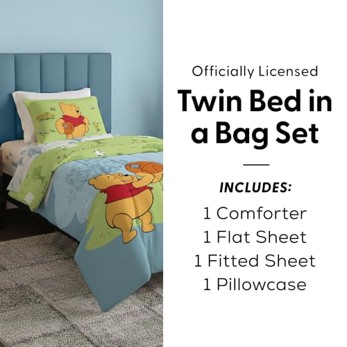 Disney Winnie The Pooh Twin Comforter Set 4 Piece Includes Reversible Comforter & Sheet Bedding Set Soft Fade Resistant Microfiber Officially Licensed - color: Pooh Star Twin
