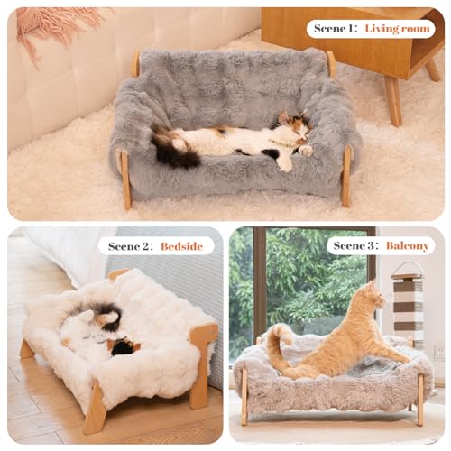 Elevated Cat Couch Bed Wooden Raised Kitty Sofa Lounge Chair | Washable Fluffy Cover Wooden Elevated Pet Furniture for Indoor Cats and Puppy(Dark Grey) - color: Cat Sofa-Dark Grey(Blue)