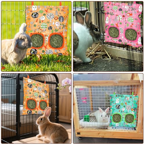 UPINS 3Pack Guinea Pig Hay Feeder Bag,Bunny Rabbit Cage Bag Hanging Holder | Guinea Pig Cage Feeder,for Bunny Rabbits,Chinchillas,Hamsters,Small Pets,and Animals - color: Orange Green Pink
