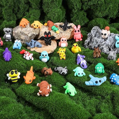 MONJITA 35 pcs Mini 3D Printed Animal Figurines, Flexible Articulated Fidget Toys, Cute Desk Decor, Party Favors, Goodie Bag Stuffers, Gifts for Kids Students Carnival Prizes Rewards (35pcs) - size: 35pcs Animals