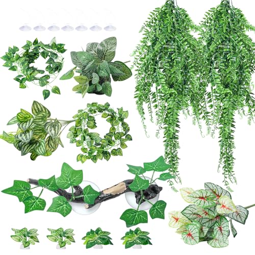 CousDUoBe 12 PCS Reptile Plants Set, Reptile Corner Branch Bearded Dragon Tank Accessories Leopard Gecko Tank Accessories，Terrarium Decorations with Suction Cup