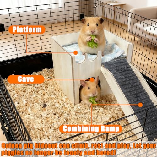 Guinea Pig Hideout Wood, Hamster Hideout Large, Rabbit Castle with Ramp, Bunny House for Cage, Chinchilla House Castle, Small Animal Hideout House, for Ferret Hedgehogs Playing Hiding Sleeping