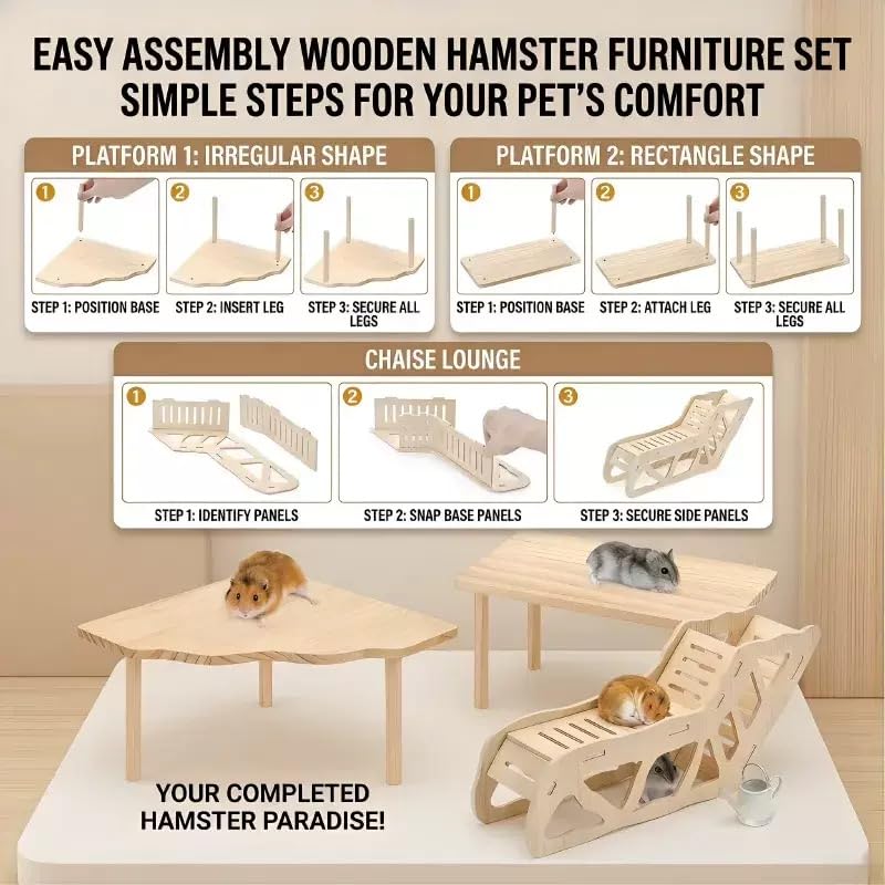 4PCS Wooden Hamster Platform Set, Tunnel Ladder Playhouse Hamster Game Climbing Toy with Ladder Platform Table Climbing Ramp, Cage Decor for Syrian Dwarf Hamsters, Gerbils, Mice